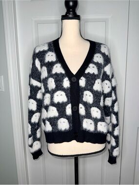 LUNA IVY Fuzzy Ghost Cardigan Sweater Black White Halloween E-Girl Spooky M